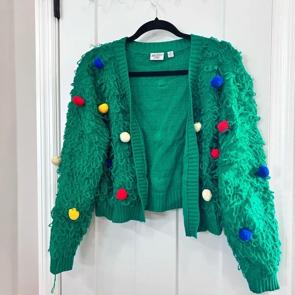 Ugly Christmas Sweater Mighty Fine Green Cardigan with Colorful Pom-Poms - Picture 1 of 4